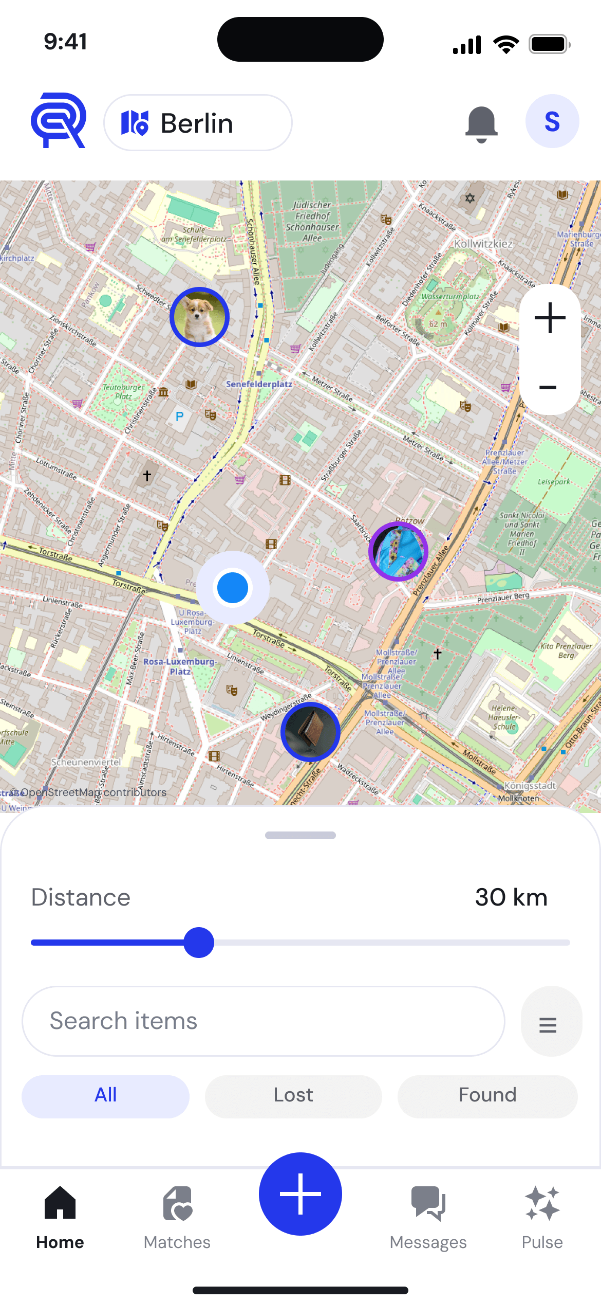 Renuir nearby discovery: Berlin map, distance control and lost-and-found filters