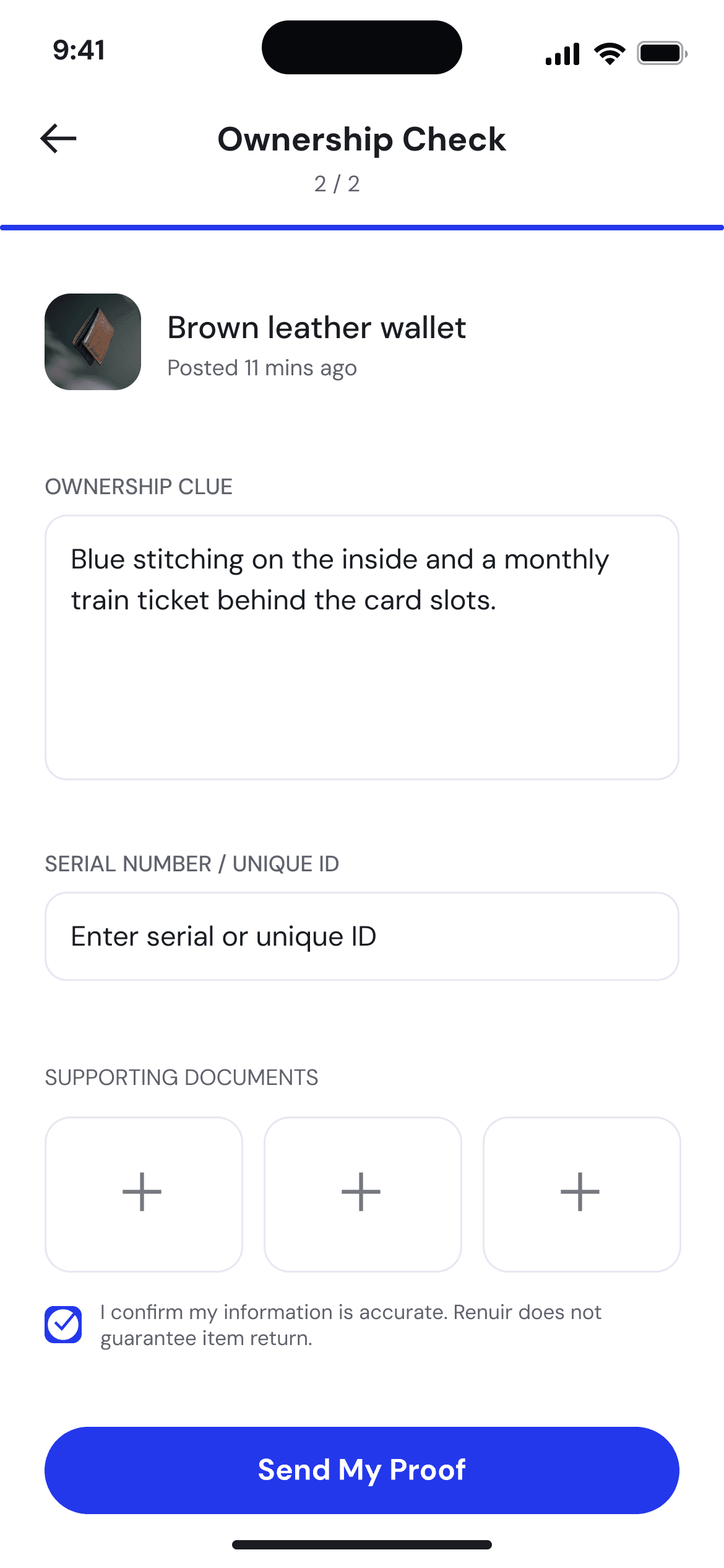 Renuir ownership check: provide identifying details and supporting documents