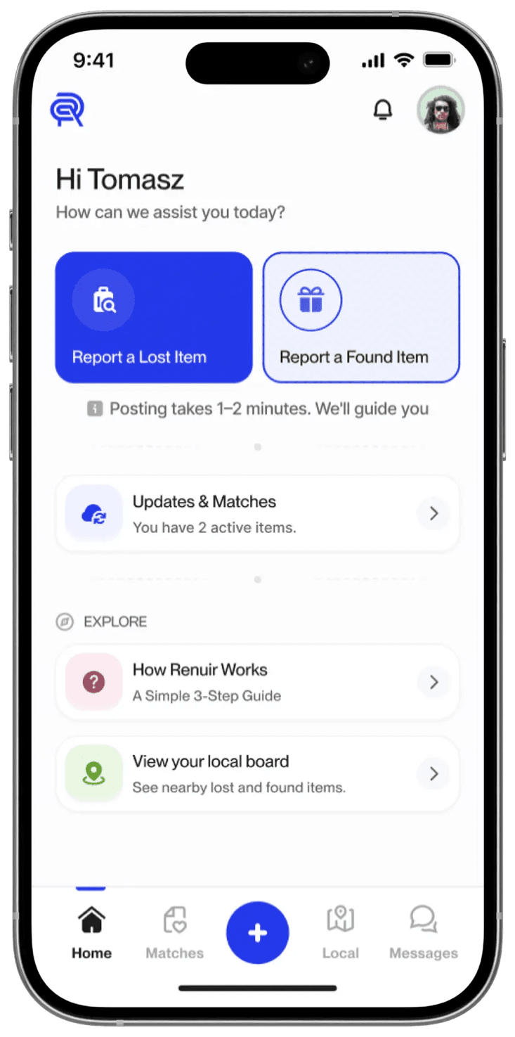 The Renuir app home screen